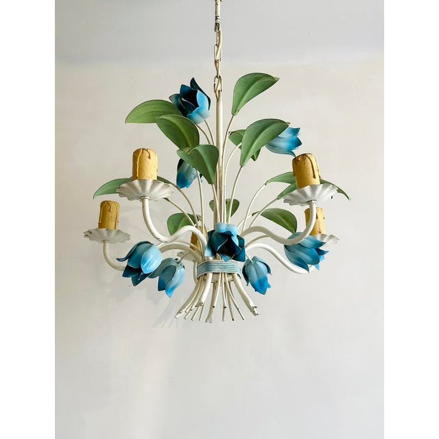 1970s French Blue Tole Tulip 5-Light Chandelier, 1960s For Sale - Image 5 of 18