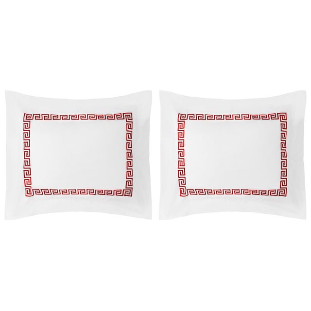 Transitional Greek Key King Shams in Red - a Pair For Sale - Image 3 of 3