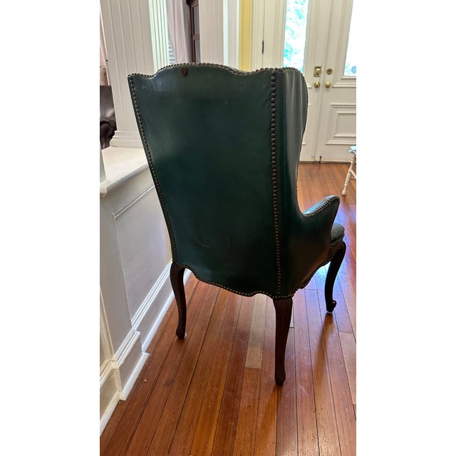 Victorian Vintage Green Leather Chairs With Nailheads and Cabriole Legs For Sale - Image 3 of 9