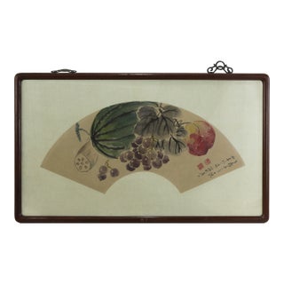 Vintage Chinese Fan Painting Fruit Still Life With Peaches and Grapes Framed Ink and Color on Paper For Sale