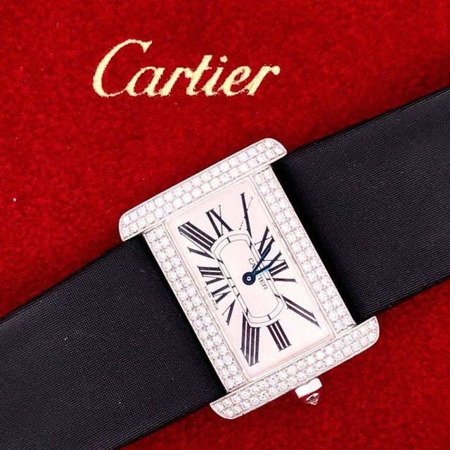 Cartier 18 Karat White Gold Mini Tank Divan Watch Diamond Paved Case For Sale - Image 4 of 5