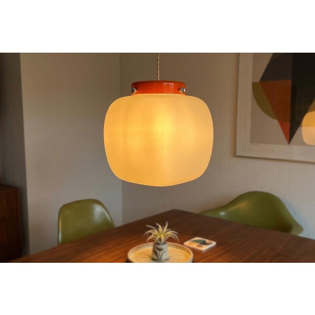 White Vintage Space Age Pendant Lamp in Opal Glass and Orange Metal, 1970s For Sale - Image 8 of 11