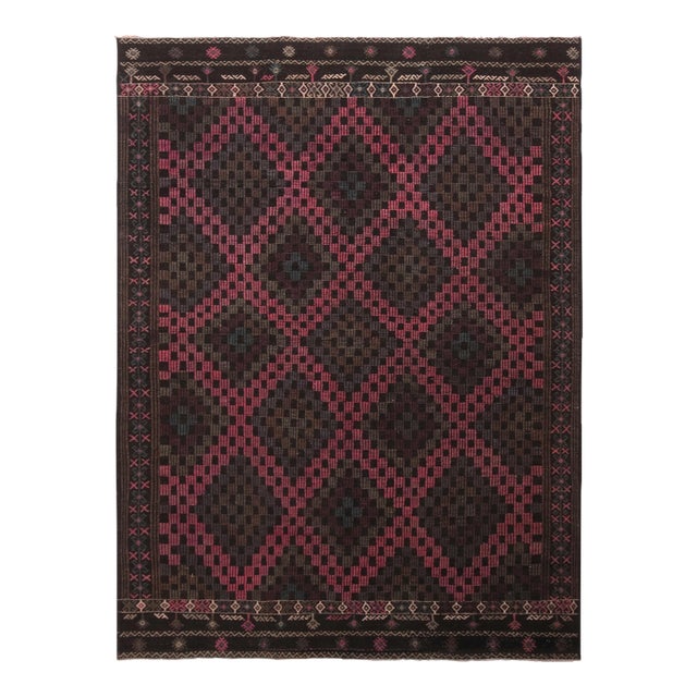 Vintage Midcentury Geometric Pink Purple and Brown Wool Kilim Rug by Rug & Kilim For Sale