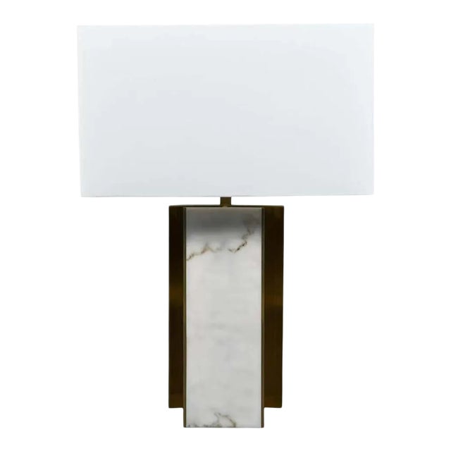 Lorin Marsh Design Table Lamp Patinated Brass and Faux Alabaster Linen Shade For Sale