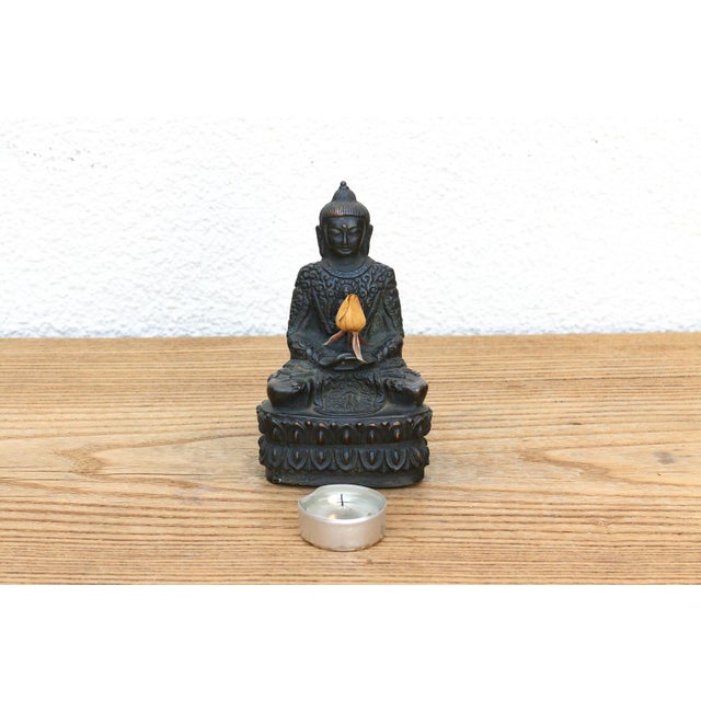 A masterfully cast devotional artifact featuring a highly intricate scrollwork robe, a dual-layered lotus throne, and an...
