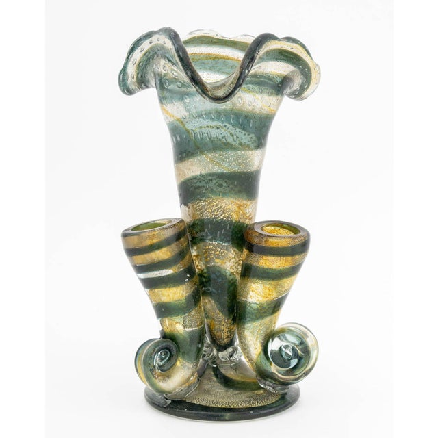 Italian Striped Art Glass Epergne, teal and colorless stripes with aventurine gold inclusions, controlled bubbles. 11.25"...