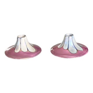 Pink Floral Candlestick Holders - a Pair For Sale