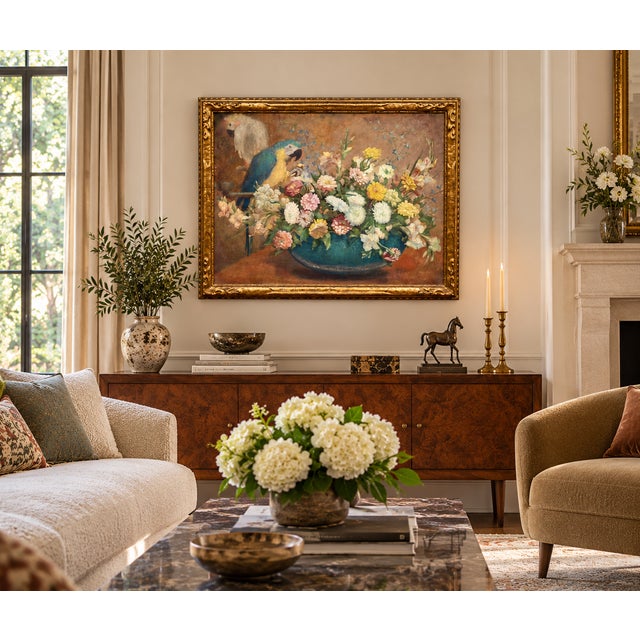 Montague Hall –Exotic Parrots and Floral Still Life – Early 20th Century Oil Painting California Impressionist - Oil...