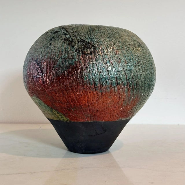 Mid 20th Century Mid-Century Hand Thrown Raku Pottery Vase in Bulbous Form in Shades of Turquoise and Rust For Sale - Image 5 of 9