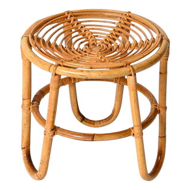 French Riviera Rattan and Wicker Round Stool by Tito Agnoli, Italy, 1960s For Sale