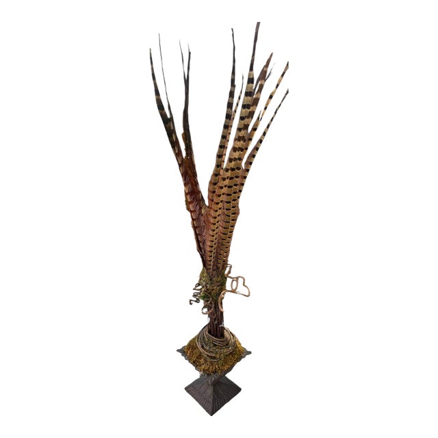 Vintage Natural Pheasant Feather Sculptural Arrangement on Metal Base Sculpture With Moss & Twisted Vine For Sale