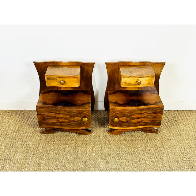 Mid-Century Modern Art Deco Walnut Bedside Tables, 1940s, Set of 2 For Sale - Image 3 of 14