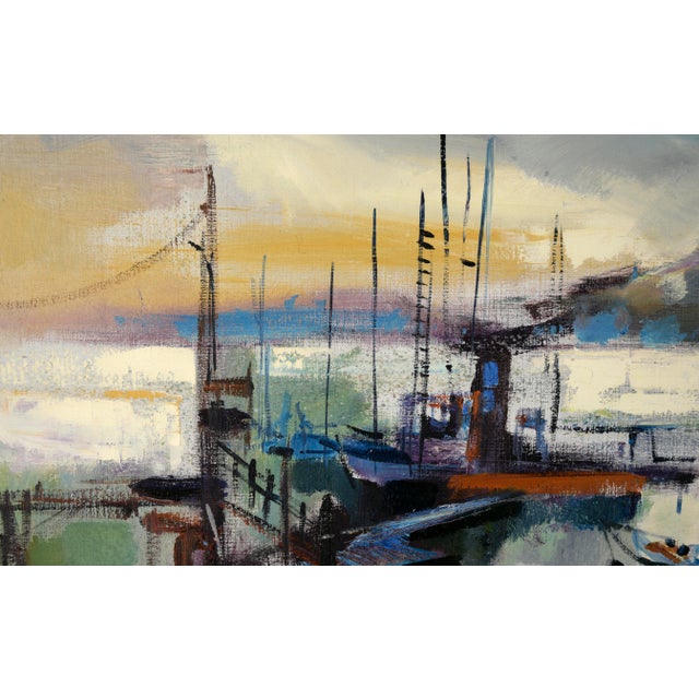 "Rain-Drenched Marina" Mid Century Modern Oakland Seascape in Oil on Linen by Carol Sideman For Sale In Monterey, CA - Image 6 of 9