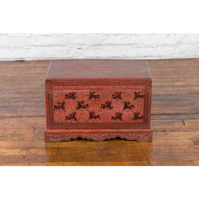 Brown Chinese Late 19th Century Red Trunk with Black Hand-Painted Riders on Horses For Sale - Image 8 of 13
