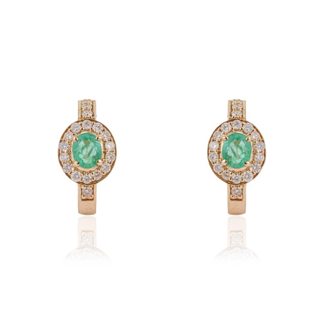 Contemporary 14k Yellow Gold Oval Natural Emerald Diamond Halo Hoop Earrings- 2 Pieces For Sale - Image 3 of 14