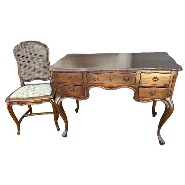 Wood Vintage Walnut Louis XV Writing Desk and Chair Made in Italy - Mid 20th Century For Sale - Image 7 of 7