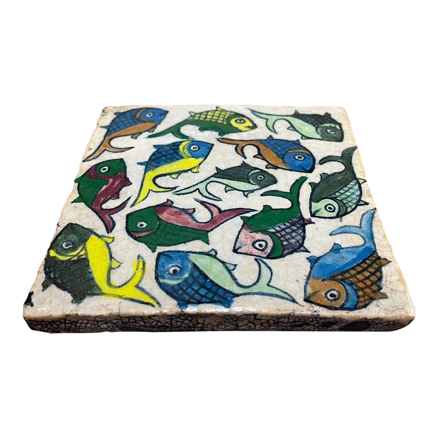 Vintage Hand Painted Tile With Swimming Fish Motif | Chairish