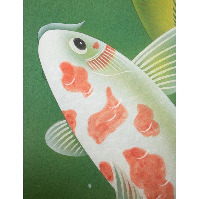 "Dancing Carps" by Akimitsu Sataka, Japanese Silk Scroll Painting in Original Wooden Case For Sale - Image 14 of 18
