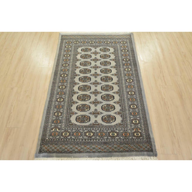 Tribal Bokhara Rug 4′ X 6’3” Gray Wool Tribal Hand-Knotted Oriental Carpet For Sale - Image 3 of 11