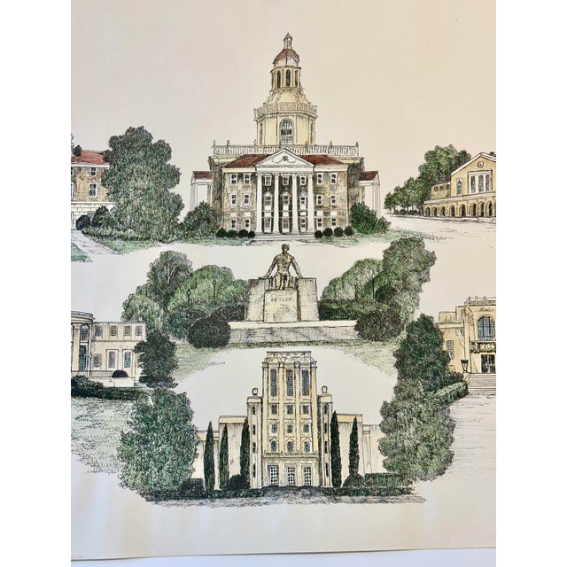A charming late 20th-century hand-colored architectural print by artist Liz Bryant, depicting a collection of notable...