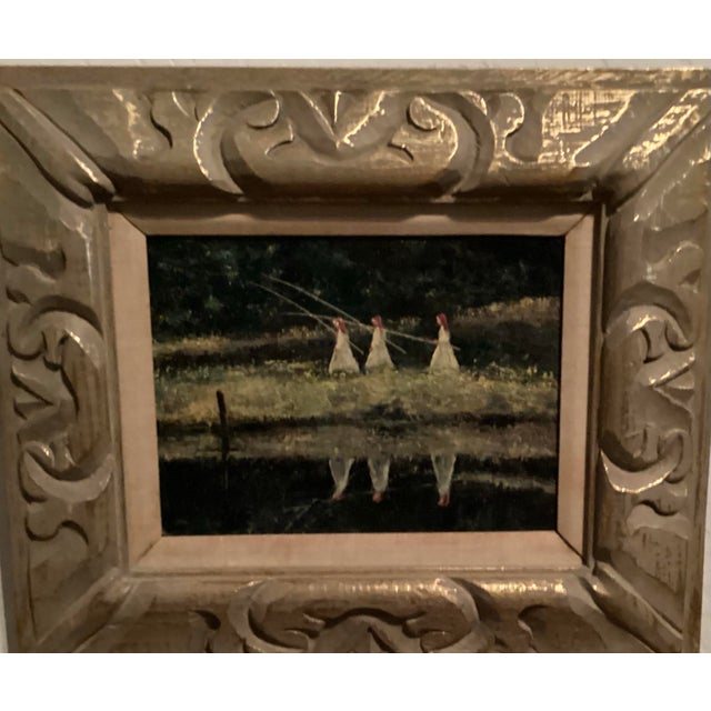 Original oil on canvas of 3 red headed girls, in long white dresses. They look alike like sisters, all holding thin...