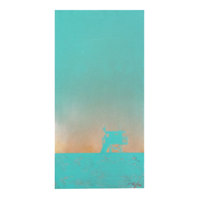La Sunrise - Abstract Gradient Beach Scene Teal Tone Still Life Acrylic Painting by Kathleen Keifer For Sale