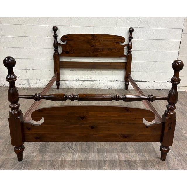 Brown Vintage Full Size Solid Pine Cannonball Poster Bed For Sale - Image 8 of 9