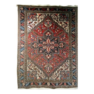 Vintage Heriz Area Rug, Handwoven Geometric Pattern, Red & Navy, 5’ X 7’ For Sale