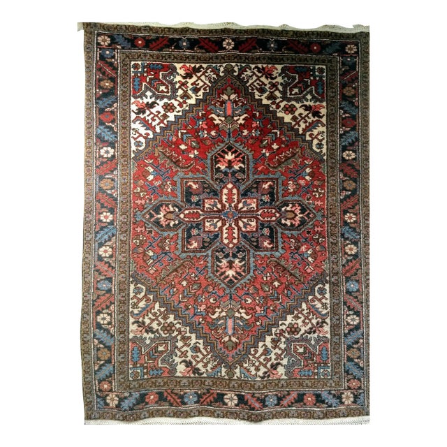 Vintage Heriz Area Rug, Handwoven Geometric Pattern, Red & Navy, 5’ X 7’ For Sale