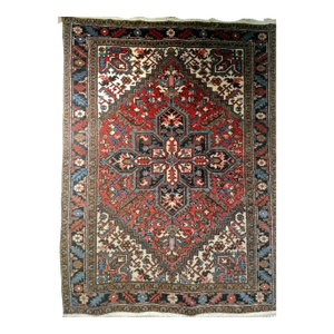 Vintage Heriz Area Rug, Handwoven Geometric Pattern, Red & Navy, 5’ X 7’