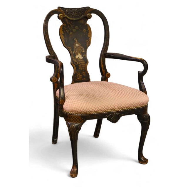 Antique Chinoiserie Decorated Queen Anne Arm Chair.