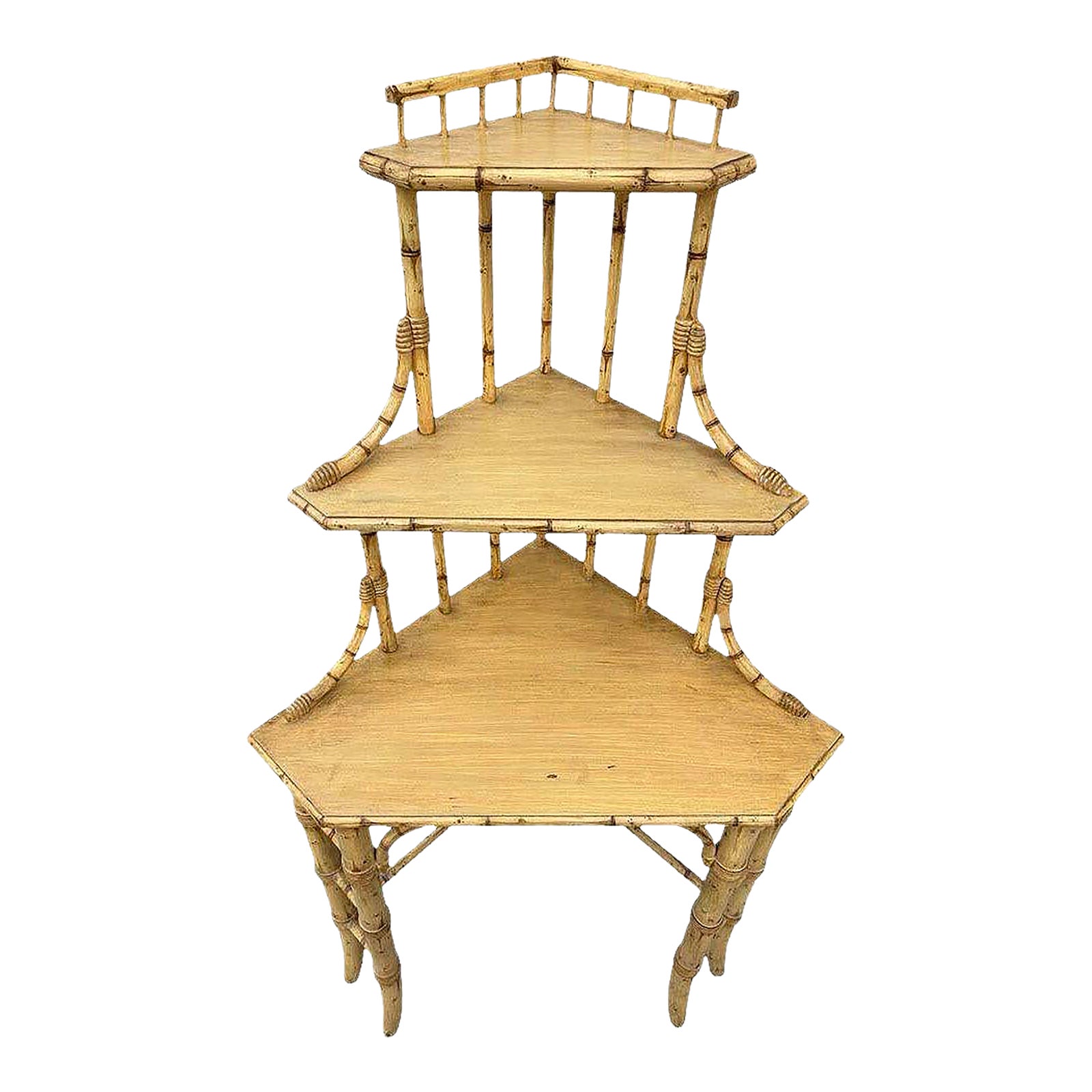 1950s MidCentury James Mount Style 3Tiered Blonde Bamboo Corner Shelf