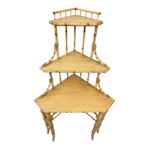 1950s Mid-Century James Mount Style 3-Tiered Blonde Bamboo Corner Shelf