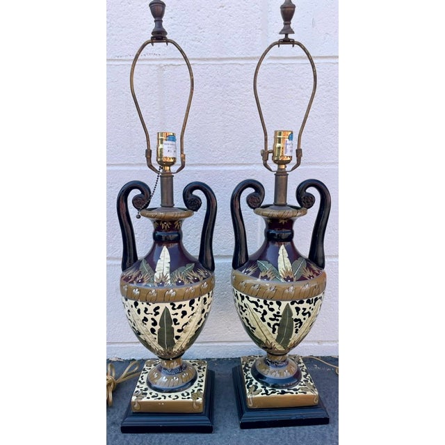 Late 20th Century Late 20th Century Hollywood Regency Leopard & Tropical Porcelain Urn Table Lamps - a Pair For Sale - Image 5 of 5
