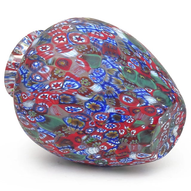 Vintage Murano Millefiori Flowers Stars Red Blue White Mosaic Italian Art Glass Flower Vase For Sale In Orlando - Image 6 of 6