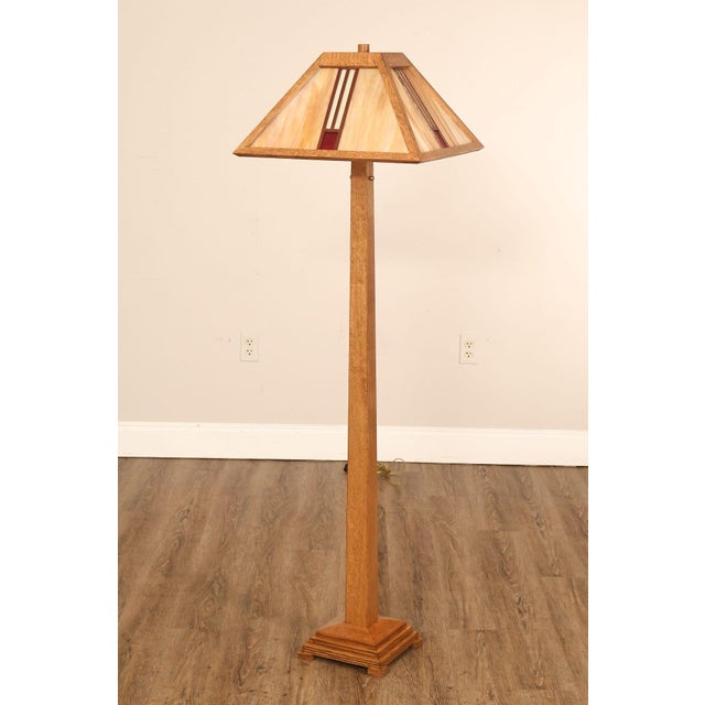 Custom Quality White Oak Two-Light Floor Lamp with Stained Glass Shade