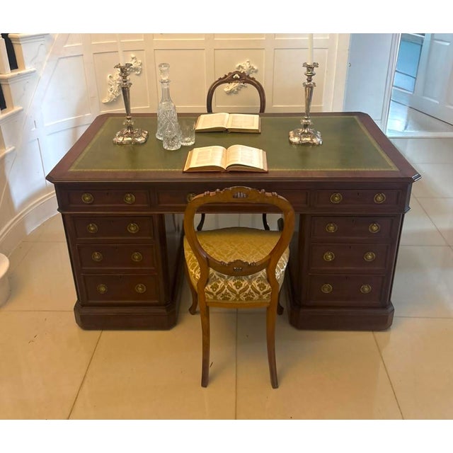 Antique Victorian Mahogany Freestanding Pedestal Kneehole Desk with Fitted Stationery Drawers and Writing Slides, 1850 For Sale - Image 3 of 18