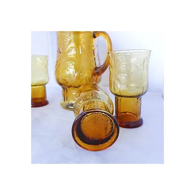 Mid-Century Modern Amber Pitcher and Glasses - Set of 5 For Sale - Image 3 of 7