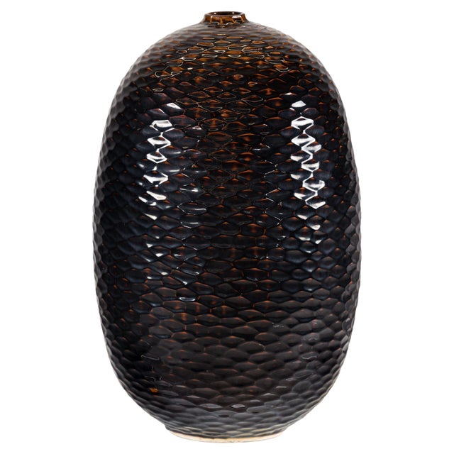 Artisan Large Honeycomb-Textured Ceramic Vase in Deep Brown and Black Glaze For Sale - Image 14 of 18