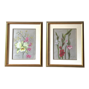 Original Pair of Botanical Pastels Art in Gilt Frames Signed 1986 Claire Reilly