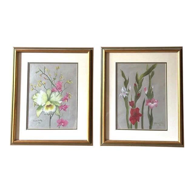 Pair of Signed 1986 Claire Reilly Botanical Pastels in Original Gilt Frames For Sale