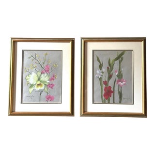Vintage Botanical Floral Pastel Drawings, Pair, Signed Claire Reilly 1986, Gilt Frames For Sale