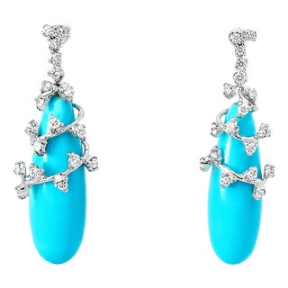 14K White Gold Turquoise Diamond Dangle Drop Earrings For Sale