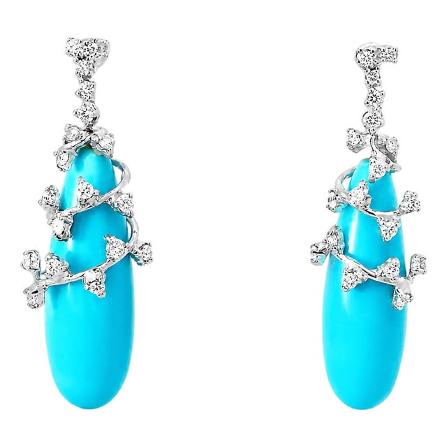14K White Gold Turquoise Diamond Dangle Drop Earrings For Sale