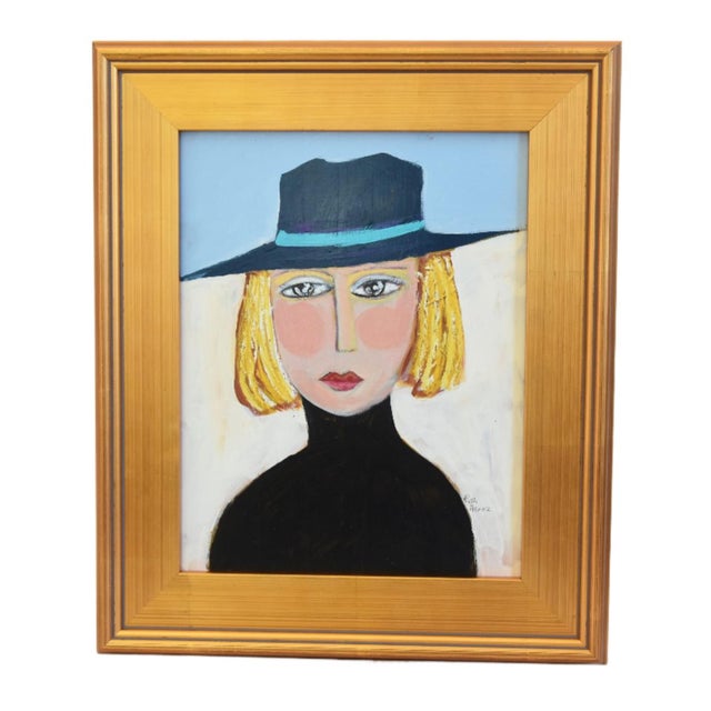 French Provincial Original French Blonde Mademoiselle Portrait Painting Black Hat Including Antiqued Gold Wood Frame For Sale - Image 3 of 9