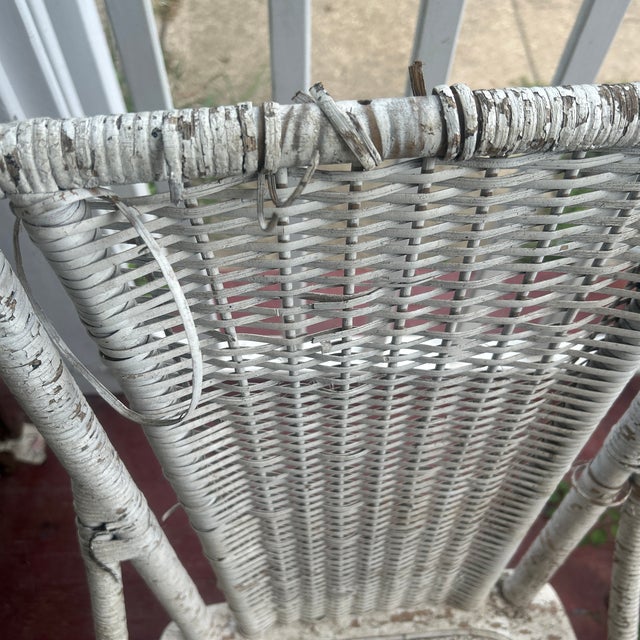 Wood 1910-20 Heywood Wakefield White Wicker Chair With Cane Seat, Attributed For Sale - Image 7 of 8