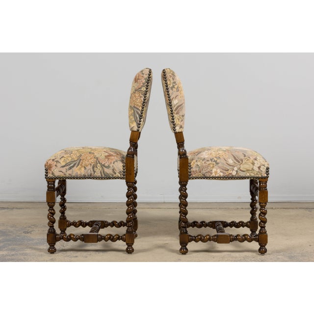 French Louis XIII Style Oak Barley Twist Dining Chairs W/ Floral Tapestry - Set of 8 For Sale - Image 13 of 18