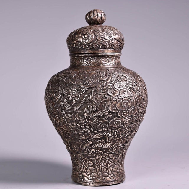 1970s Vintage Silvered Copper Dragon Ginger Jar | Repousse Dragon Vessel | Chinoiserie Decor For Sale - Image 5 of 10