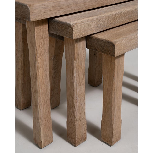 Tan Set of Three Oak Brutalist Nesting Tables, Antique, France, Circa 1970 For Sale - Image 8 of 13