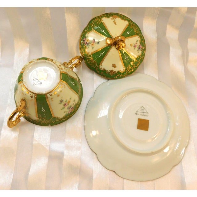 1930s Dresden Covered Two Handle Dessert Cup and Underplate With Raised Gold Trim For Sale - Image 14 of 18